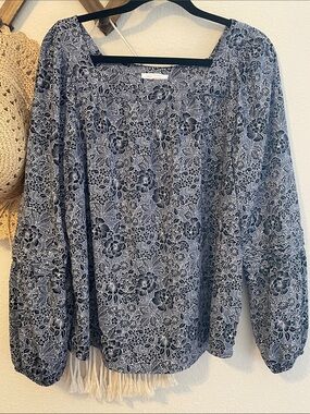 LC Lauren Conrad Navy and White Floral Square-Neck Blouse